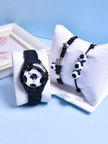 3件套男士礼品，2026新款足球运动手表，柔软硅胶表带石英腕表，可调节编织绳手链 - 黑色 - 查看 10