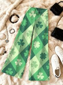 Women's Plus Size High-Waisted Wide-Leg Imitation Jeans - Green Argyle Print (White/Green) Slim-Fit Trousers, Beltless Button Closure Long Pants For Casual & Party Wear, St. Patrick's Day Outfits, Durable Digital Print Denim-Like (Machine - 彩色 - 查看 4