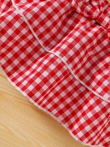 3pcs Baby Girl Casual Daily Fashion Sweet Cute White Knitted Vertical Stripe Sleeveless Round Neck Cherry Embroidery Cardigan Top, Red Plaid Double Layer Cake Skort, And Bow Headband Set, Summer - Red - View 7