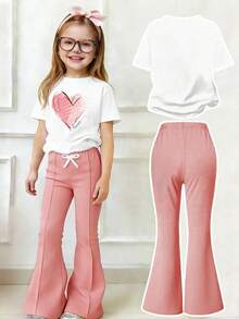 Toddler Girls' Cartoon Print Round Neck Short Sleeve Top And Flare Pants Set - White - View 2