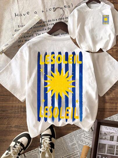 LESOLEIL French Stripe Sun Graphic T-Shirt, Summer Outfit For Women, Vacation Outfits, Beach Outfits For Women, Plus Size T-Shirt - Women's Casual Round Neck Short Sleeve T-Shirt