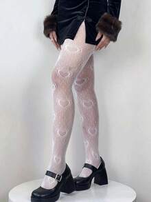 1双白色心形图案性感渔网袜，适合日常穿着，春秋季皆宜。 - 白色 - 查看 6