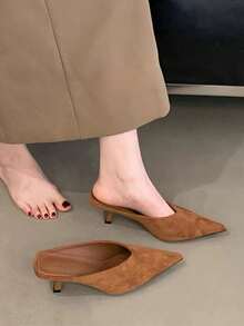 Fall/Winter French Style Mule Sandals For Women, Closed Toe High Heel Slip-On Slippers, Summer 2025 New Arrival Elegant Backless Sandals, Elegant, Party,Kitten Heels - Brown - View 4