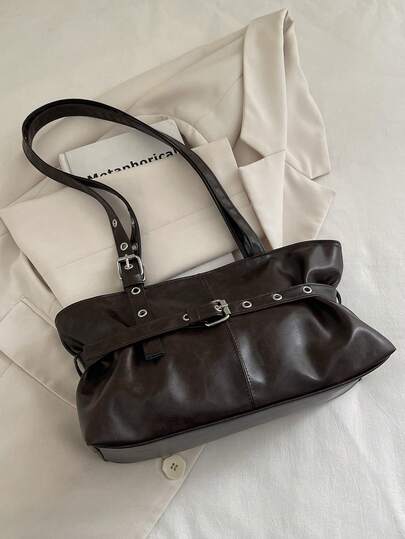 1pc Vintage Large Capacity Tote Bag, Commuter Oversized Underarm Bag, Fashionable Motorcycle Handbag, PU Solid Color Oiled Wax Leather, Strap Decor, Zipper Closure, Women's Shoulder Bag For Work, College Student Backpack, Short Trip, Vacation, Shopping, Business, Suitable For Daily Use