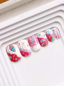 NAIO 24 Pieces Press On Nails For Kids, 1 Pack Kid Fake Nail With Striped, Ice Cream, Bow Elements Pre-Glue Short Nail Stick On Nails, Great For Children Little Girl Birthday Gifts, Parties & Makeovers Decoration - Multicolor - View 4