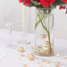 200克人造无孔漂浮珍珠，混合尺寸10毫米/16毫米/20毫米，可用于花瓶填充、婚礼装饰、漂浮蜡烛装饰、家居摆件，适合DIY婚礼、生日、主题派对、情人节、万圣节、圣诞节装饰（含水珠） - 金色+白色 - 查看 7