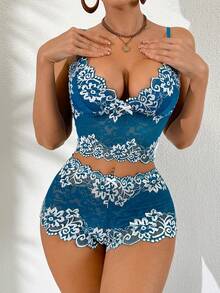 2pcs Women Lace Patchwork Bra And Panty Set - Teal Blue - View 4