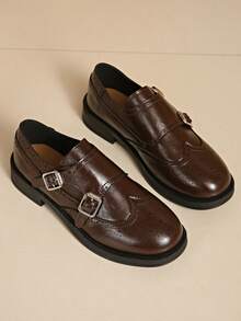 Women's New Fashion Thick Heel Loafers, French Mary Jane Shoes, Metal Buckle Shoes, Retro Round Toe Loafers, New College Style Business Formal Flat Shoes, Spring Autumn Fashion Metal Buckle Slip-On Shoes, Shoes, Black Versatile Slip-On Shoes - Brown - View 2