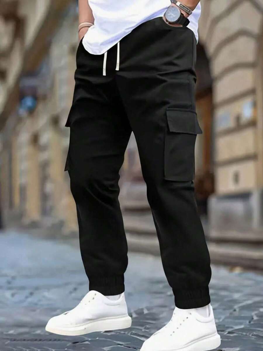 Pantalones cargo casuales para hombre, pantalones de senderismo ajustados con cordón, otoño/invierno - Negro - Ver 1