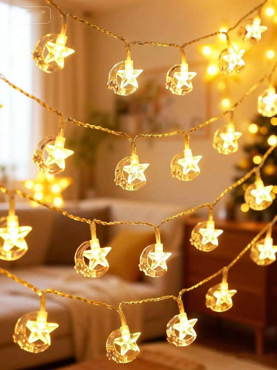 1 pezzo Luci decorative a forma di stelle e lune, lunghe 1,5m/3m/6m, alimentate a batteria, luci da interni a forma di fate, decorazione per camera da letto, parete, Ramadan ed Eid - Trasparente - Visualizzare 1