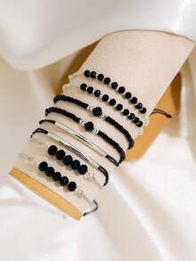 4 pièces/set Ensemble de bracelets noirs à la mode avec cristaux, fait main avec perles. Cadeau de bijoux convenant aux femmes pour porter en vacances et aux fêtes - Multicolore - Voir 2