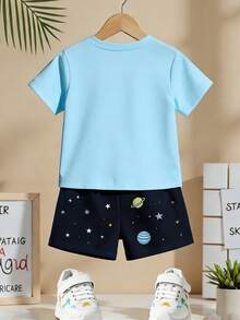 2pcs/Set Toddler Boys' Cartoon UFO T-Shirt + Shorts Set, Cute Spaceship Print, Soft & Breathable, Essential For Baby Summer Outings, Creating Unique Playful Style, Casual & Sporty, Suitable For Kindergarten & Outdoor Wear - Yellow - View 2