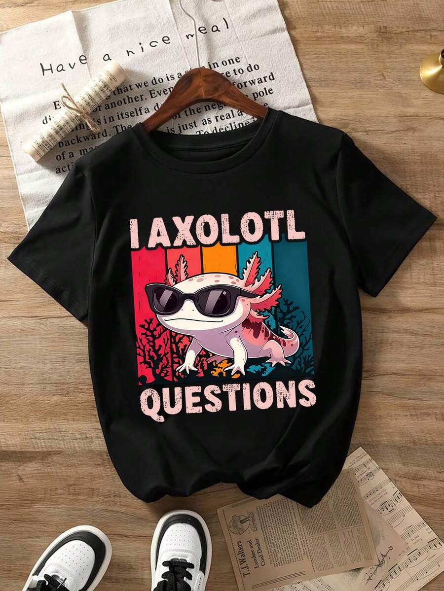 Teenage Boys' Cartoon Axolotl Print Round Neck T-Shirt, Casual Soft Top For Spring & Summer - Black - View 1