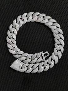 VJS 1条22毫米宽嘻哈街头风个性化全锆石迈阿密链，黄铜材质男士项链，休闲个性化配饰 - 銀色 - 查看 4