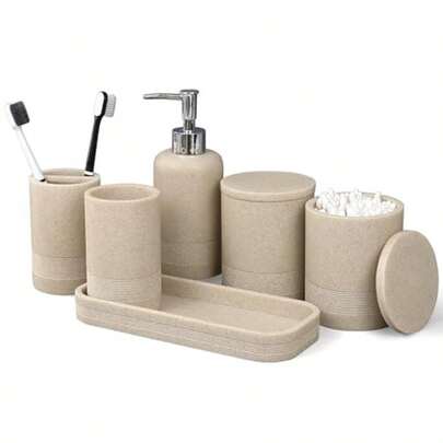LIN CHUAN 6-Piece Bathroom Accories Set Bathroom Accory Set With Soap Dispenser Toothbrush Holder Set Vanity Tray Tumbler And 2 Cotton Swab Jars Modern Stylish Bathroom Organizer Beige