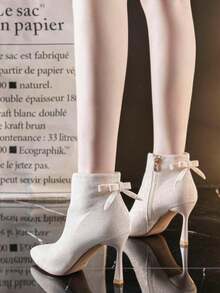 Botines de tacón alto botines de punta botines de mujer botines con lazo botines elegantes botines de moda botines versátiles - Beis - Ver 4