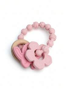 1pc Pink Flower Rabbit Textured Silicone & Wooden Teething Ring, Baby Sensory Toy, Relieve Teething Pain - Multicolor - View 10