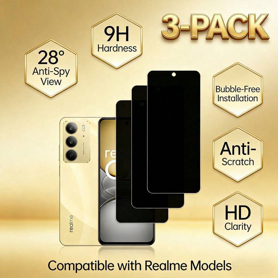 适用于 Realme 手机的 3 片/套全屏隐私保护膜 - 防窥、防指纹、防油污、全屏覆盖、无白边、钢化玻璃膜 - 黑色 - 查看 1