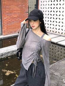 Women's Casual & Commuting Korean Style Asymmetrical Open Shoulder Drawstring Ruched Long Sleeve T-Shirt, Spring/Autumn - Grey - View 5