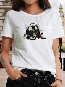 Camiseta de Mujer con Estampado de Tacón Alto| Camiseta de Manga Corta con Estampado Floral y Bolso, Cuello Redondo, Corte Holgado, No Transparente, Elegante y Versátil para Vacaciones de Primavera, Verano y Otoño y Uso Diario - [Blanco] - Ver 5