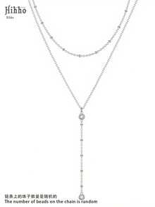 Hihho 1件欧美风格Y型双层锆石长流苏项链，适合性感女士晚礼服的珠宝配饰，独特的颈链（链上的珠子数量随机）