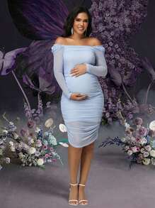 Irresista Maternity Elegant Puff Long Sleeve Mesh Midi Dress For Baby Shower Photoshoot Women Party Gown - Baby Blue - View 1