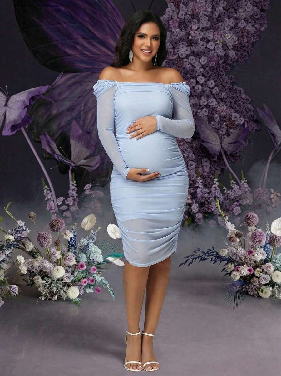 Irresista Maternity Elegant Puff Long Sleeve Mesh Midi Dress For Baby Shower Photoshoot Women Party Gown - Baby Blue - View 1