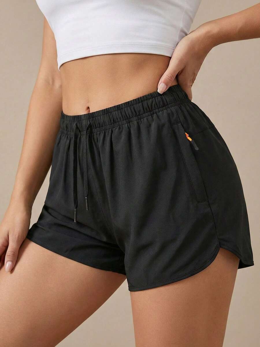 Quần short chạy bộ nhanh khô dành cho nữ, cạp chun co giãn, có túi khóa kéo bên hông, thích hợp cho phòng tập và tập luyện, túi an toàn cho thể thao. - màu đen - Xem 1