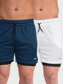 Kit 2 Bermuda 2em1 Masculino Academia Proteção UV Bolso pra Celular e Alça para toalha/camiseta - Branco+Marinho - Visão 12