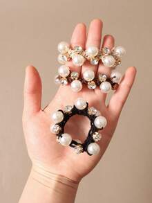 1个女士优雅米色珍珠水钻编织发圈，时尚发髻固定器，潮流发饰，马尾辫发圈，发绳，橡皮筋，发绳，弹力发圈 - 彩色 - 查看 2