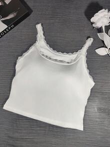 女士休闲运动白色无袖针织吊带背心，带胸垫，荷叶边下摆，性感开衩设计，短款简约性感风格上衣 - 白色 - 查看 8
