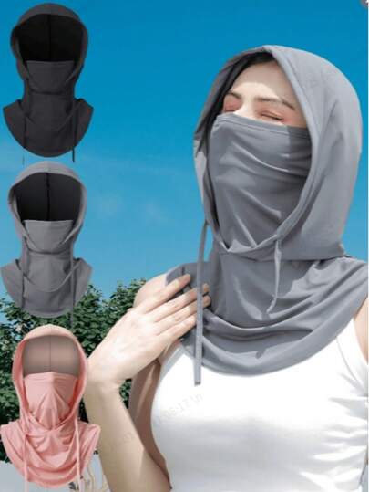 1pc Unisex Ice Silk UV Protection Warm Face Mask - Full Face Riding Sun Protection - Breathable Seamless Adjustable Drawstring Neck Gaiter, Outdoor Motorcycle Cycling Fishing Headband With Ear Cover, Women Sun Protection Face Mask, Men Riding Skiing Mask