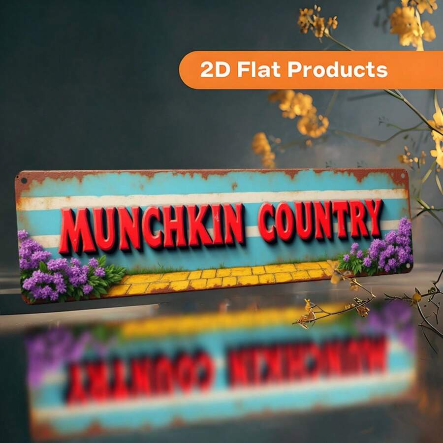 2D Flat, Large Vintage Wizard Of Oz Munchkin Country Metal Wall Decor Sign - 15.75x3.94 Inch Rustic Farmhouse Plaque With Bold Red Lettering, Yellow Brick Road & Dorothy'S House Design, Easy Mount Hardware Included, Durable Aluminum Art For Home - 金屬噴漆 - 查看 1