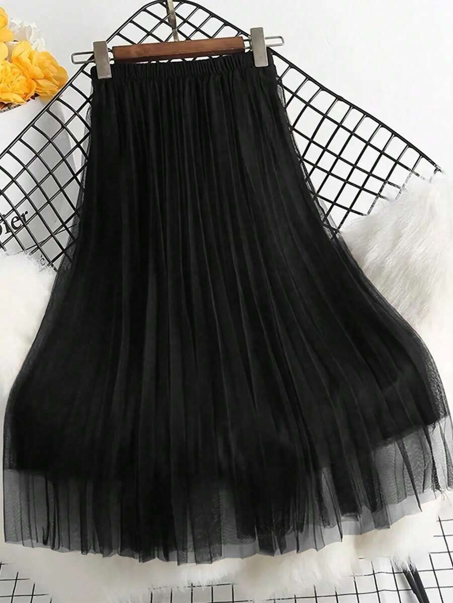 女士优雅褶裥网纱A字半身裙，适合休闲或办公场合穿着，简约优雅 | 涤纶网纱半身裙，四季必备单品，百搭春夏半身裙 黑色 - 黑色 - 查看 1