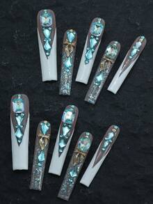 CrystalHola Valentine's Day 10 Pcs Handmade Press-On Nails, Square Long Nails, Y2K Color, Black And Pink Nail Base With Black Pom-Pom, 3D Flowers, Exquisite Accessories, Full Coverage, Removable And Reusable, , Unique Summer Nail Art, A Must-Have Fashion Accessory For Parties And Weddings. Nail Supplies - Multicolor - View 4