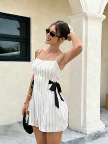 Women's Elegant, Slim-Fitting Striped Casual Sundress With Side Tie Detail And Short Skirt. - White - View 2