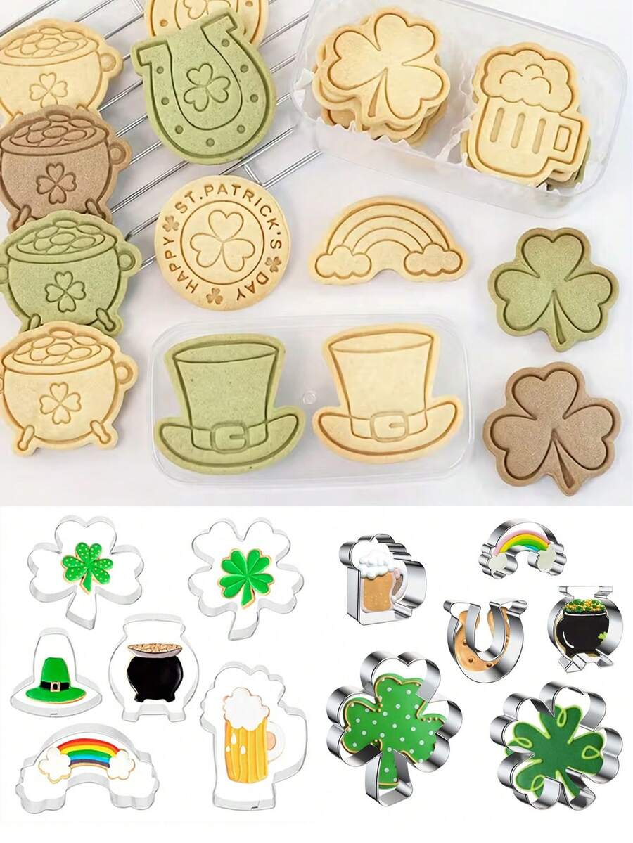 Bộ 6 khuôn cắt bánh quy chủ đề Ngày Thánh Patrick, bao gồm hình cỏ ba lá, bia, cầu vồng, dụng cụ làm bánh theo chủ đề Ireland, khuôn làm bánh quy cho tiệc tùng, dụng cụ làm bánh nhà bếp, thích hợp cho bánh quy Ngày Thánh Patrick, fondant, và các dịp lễ hội khác. - Nhiều màu - Xem 1
