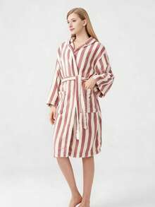 1pc Striped Hooded Bathrobe, Comfortable Loungewear, Large Bath Towel, Hotel Couple Sleepwear, Autumn/Winter - Multicolor - View 4