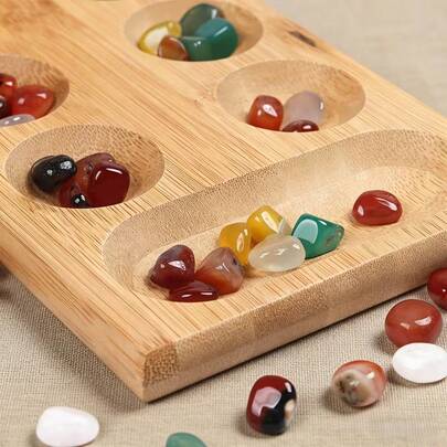 Mankala Board Game Set, A Widely Popular Intellectual Game In Europe And North America. Includes Foldable Wooden Board And Multi-Colored Glass Stones, Portable Travel Board Game, Wooden Educational Toy. Ideal For Large Groups, Gatherings, And Family Activities.
