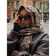1pc Leopard Print Autumn/Winter Fashion Striped Plaid Fleece Warm Women Boucle Deep Brown Wool Thick Scarf, Warm Acrylic Scarf Like Cashmere, Bohemian Casual Windproof Couple Shawl, Comfortable Blanket Scarf, Suitable For Daily Wear For Dress - Khaki - View 1