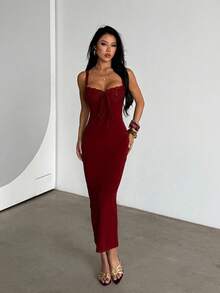 WOWDARK Women's Elegant Lace Patchwork Spaghetti Strap Slit Bodycon Dress, Party Dress, Evening Gown - Màu Đỏ Sâu - Xem 5