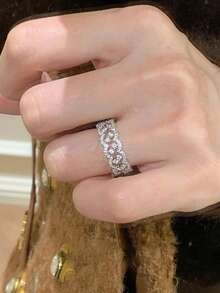 2pcs/Set Cubic Zirconia Lace Rings, Fashionable Luxury Personalized Stackable Rings, Open Finger Rings - 2-piece Set - View 3