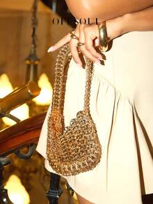复古金属亮片编织银色手拿包，时尚复古闪光手提包，适合女士，用途广泛，可用于派对、宴会，新月形 - 金色 - 查看 2