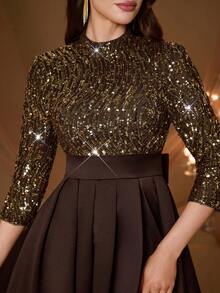 Magiacy新款高领露背华丽晚礼服，亮片蝴蝶结高开衩缎面A字裙，适合婚礼、春季派对等场合。 - 棕色 - 查看 6