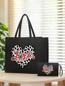Large Capacity Women's Tote Bag Features Valentine's Day Heart Pattern And Love Letter Print, Black Multi-Functional Shoulder Bag, Stylish Portable Handbag - Multicolor - View 13