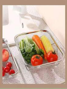 1pc Stainless Steel Fruit & Vegetable Washing Basket, Large Size Adjustable Collapsible Drain Basket, Kitchen Essential, Size: 34cm*24cm - Multicolor - View 5