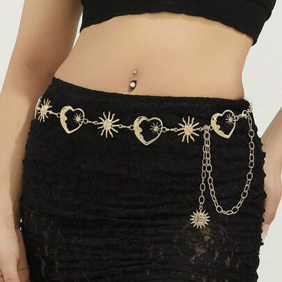 1 pieza Cinturón de cintura de aleación de zinc con estampado de estrellas y lunas, adecuado para vestidos y vaqueros, estilo bohemio