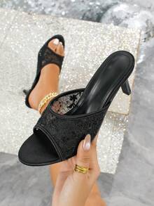女士时尚网纱刺绣圆头黑色高跟凉鞋，优雅舒适的细高跟套脚凉鞋 - 黑色 - 查看 1