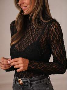 Women's Sheer Lace Long Sleeve Blouse, Elegant Casual Suitable For Daily, Date, Office Wear, Women's Lace Blouse, Women's Elegant Top, Women's Summer & Spring Top Black - Black - View 8