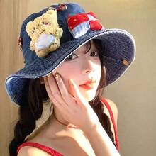 Cute Bear Bow Denim Bucket Hat For Women, Large Brim Summer Sun Hat To Make Face Look Smaller - Cowboy Bucket Hat - View 1